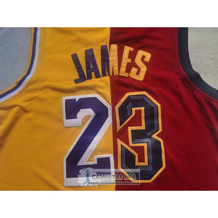 Camiseta Cleveland Cavaliers Los Angeles Lakers LeBron James NO 23 Split Rojo Amarillo